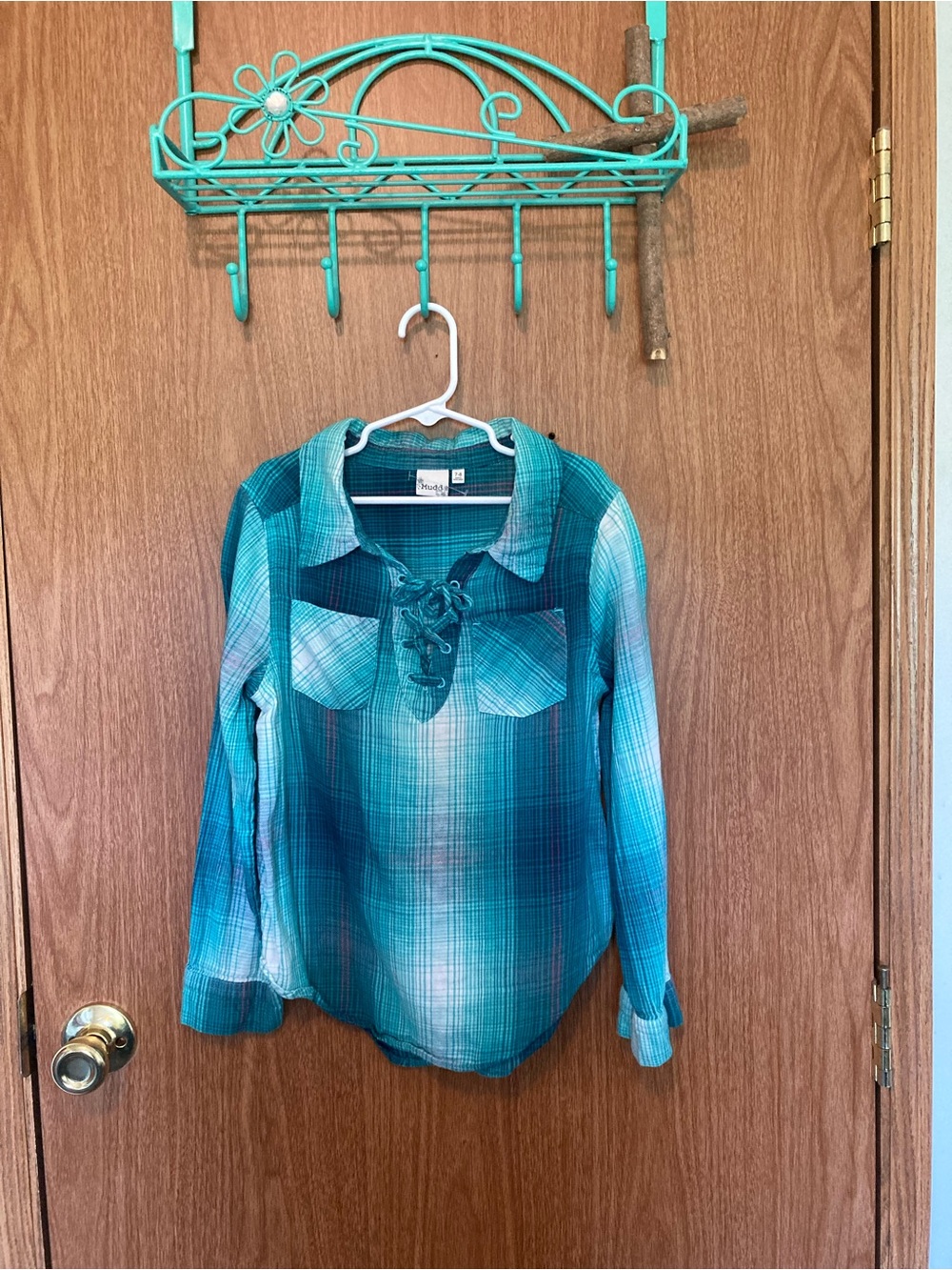 Mudd Kids Teal Plaid Lace-Up Long Sleeve Shirt
